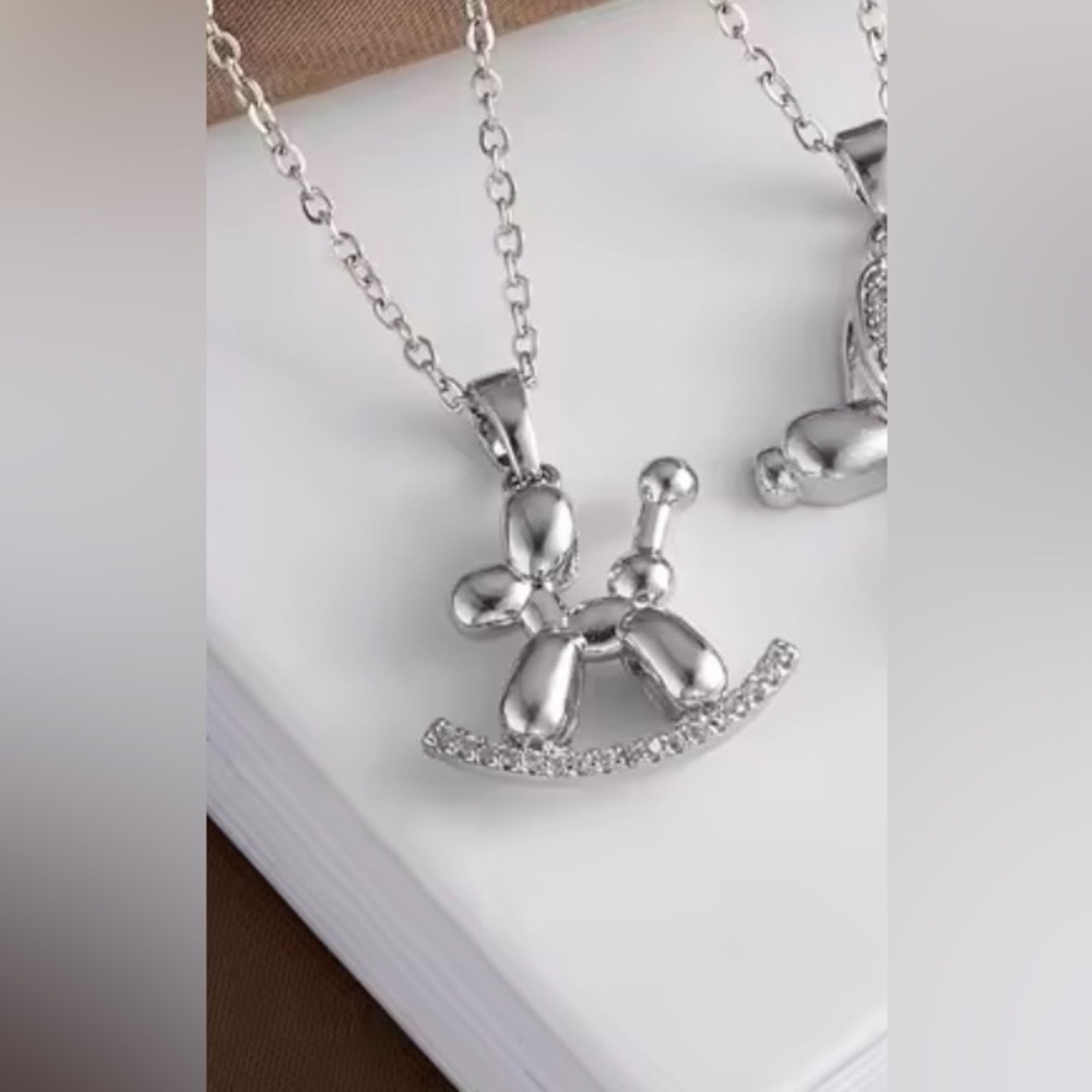 18K White Gold 3D Rocking Balloon Dog Pave Diamond Inlay Necklace Art Inspired
